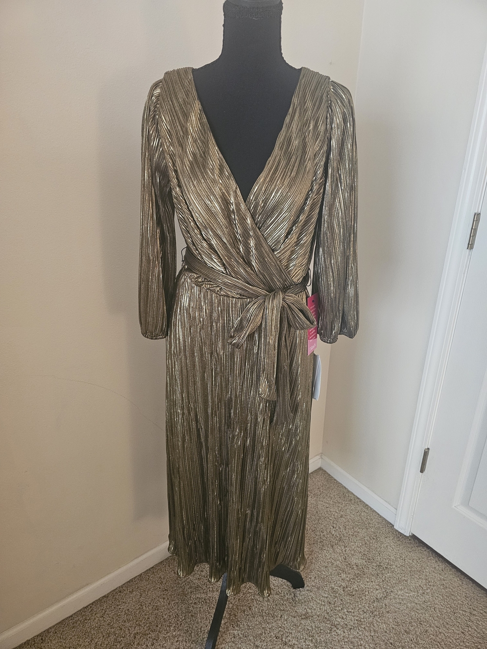 DKNY Metallic Gold Long-Sleeve Wrap Midi Dress